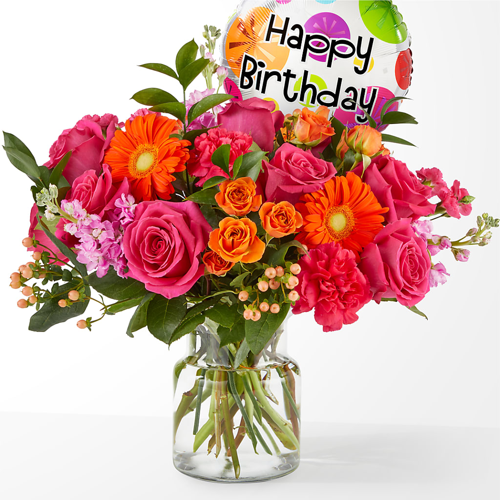 Fiesta Bouquet with Birthday Balloon – Creative Florist, Cherry Valley MA