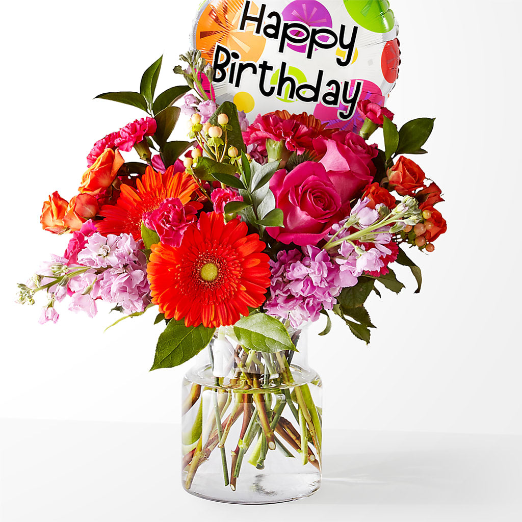 Fiesta Bouquet with Birthday Balloon – Creative Florist, Cherry Valley MA