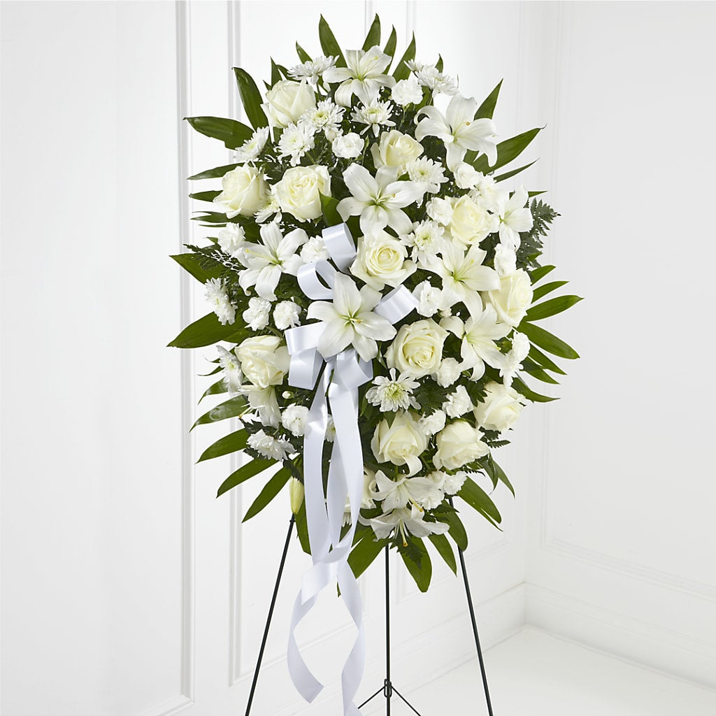 Exquisite Tribute Standing Spray-White Ribbon – Creative Florist, Cherry Valley MA