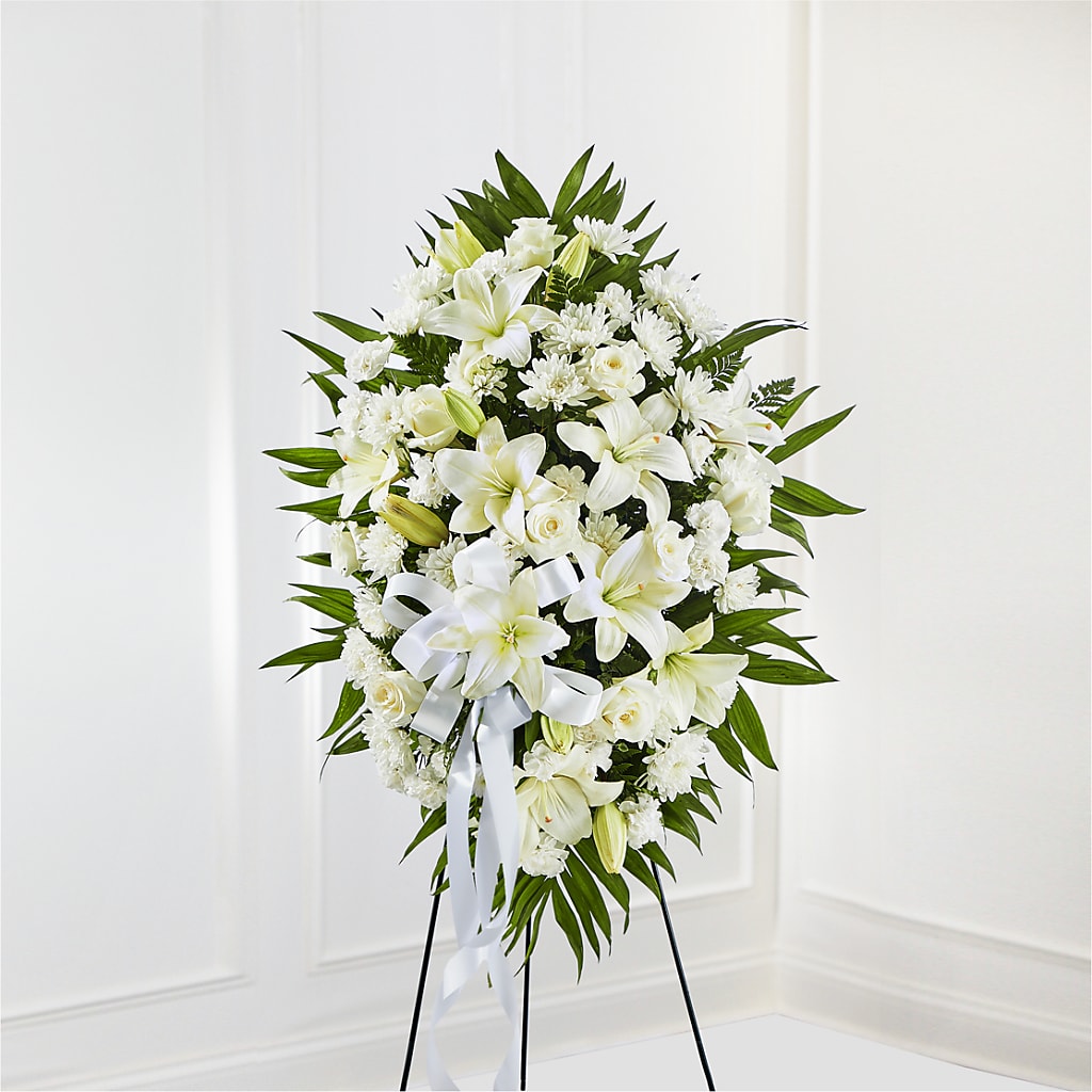 Exquisite Tribute Standing Spray-White Ribbon – Creative Florist, Cherry Valley MA